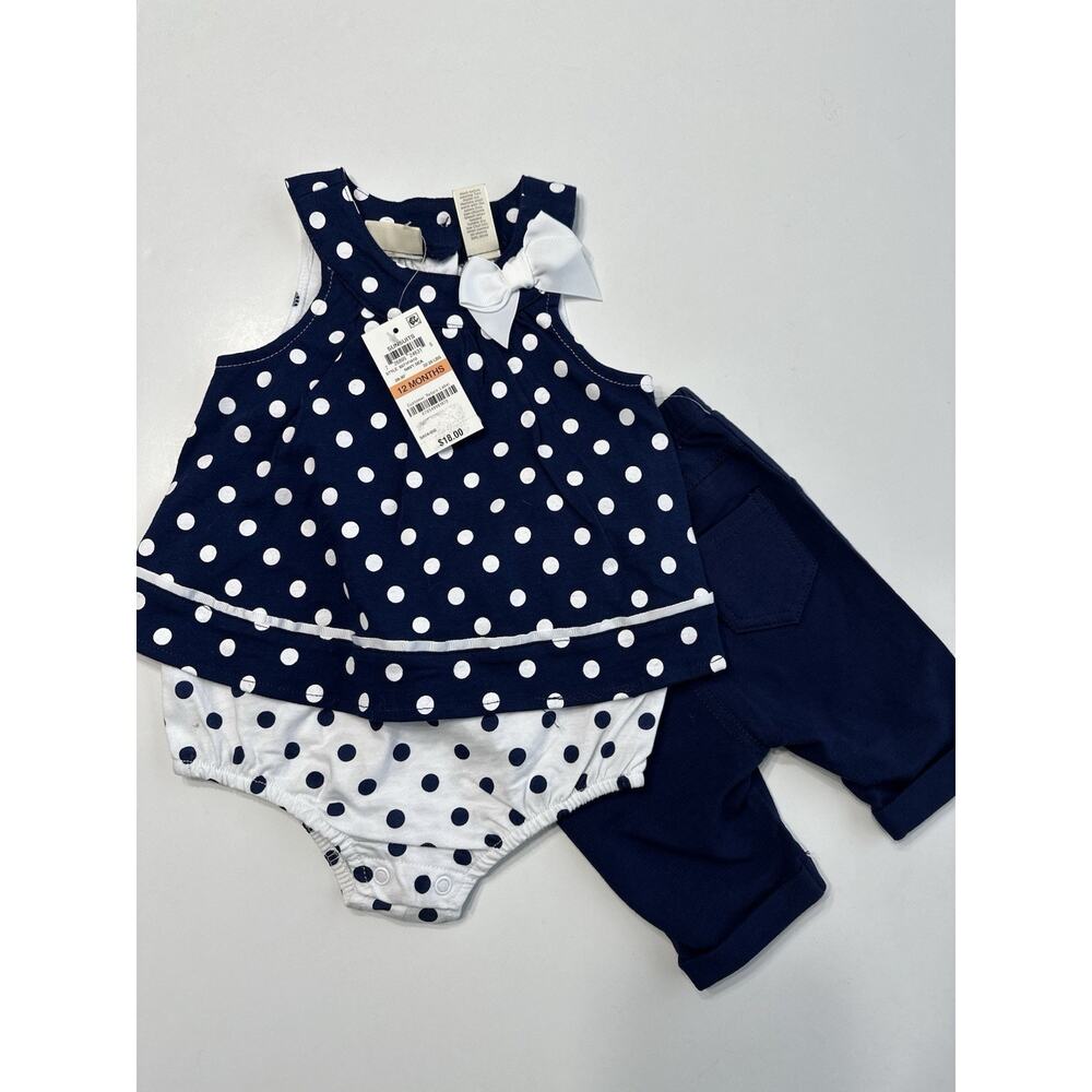 First Impressions Girls 12 Months Navy White Polka Dot Outfit Set NWT